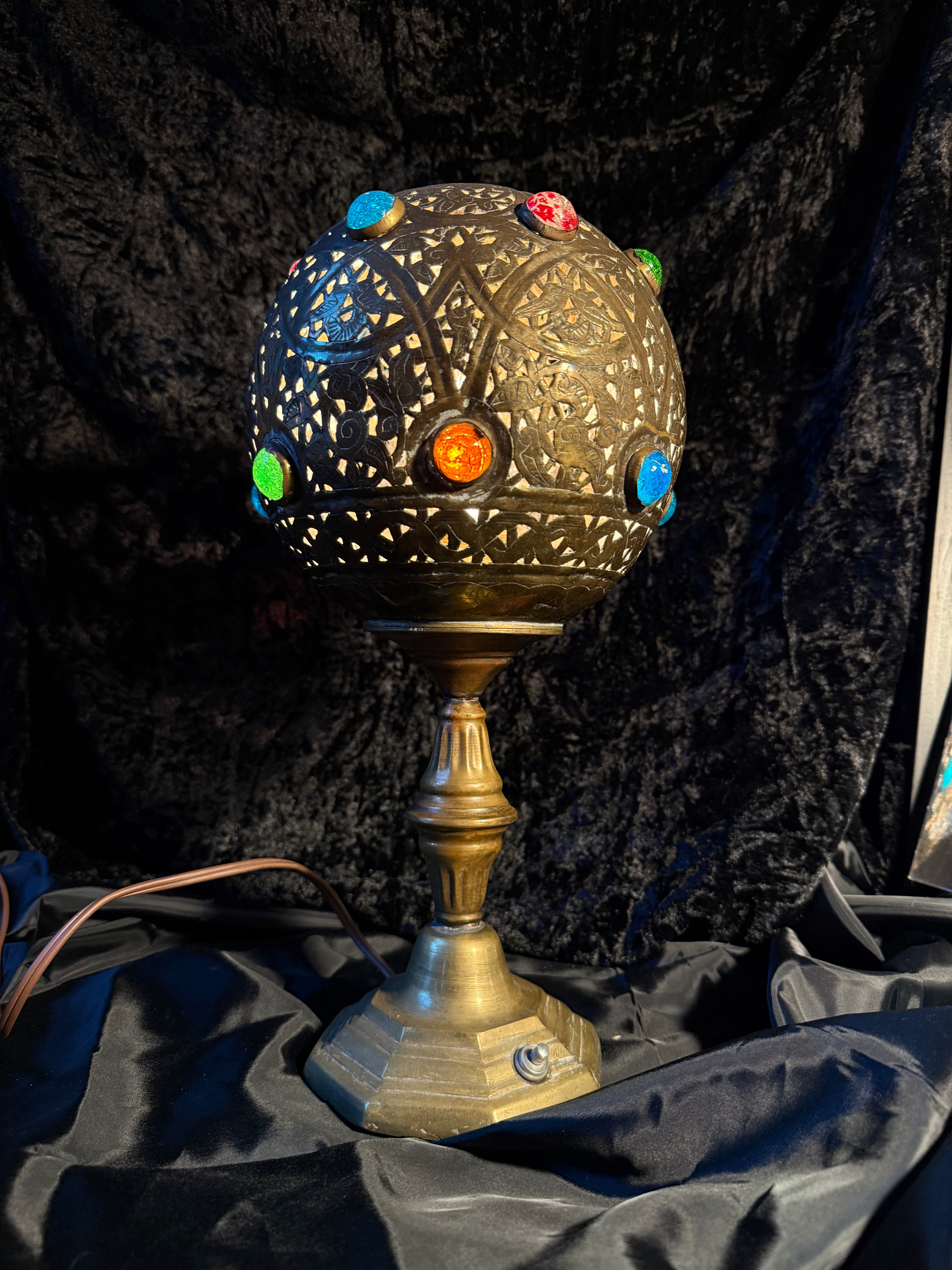 Moroccan Styled Jeweled Brass Sphere Lamp